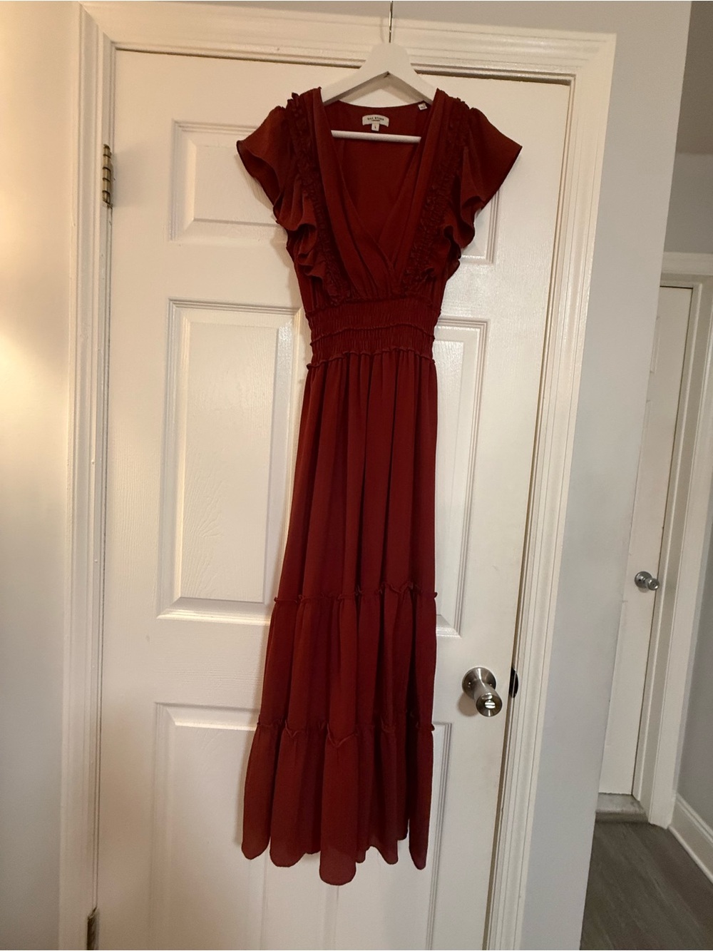 Max Studio Burgundy Ruffle Sleeve Maxi Dress-Burnt Orange Color